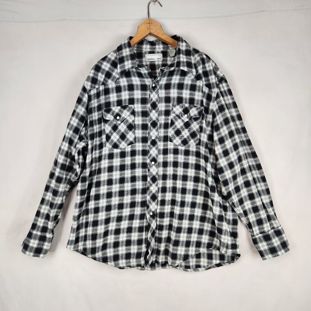 Wrangler Wrancher Pearl Snap Men's XXL Flannel Western Shirt Black White Plaid